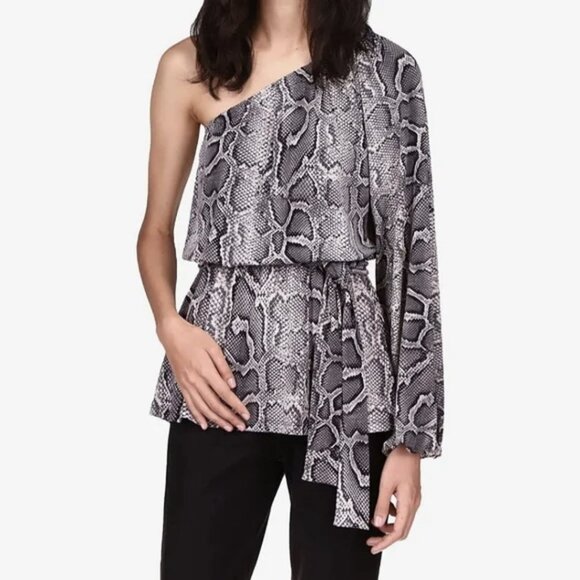 NWT MICHAEL Michael Kors Python Eco Matte Jersey One Shoulder Belted Top - Picture 1 of 3